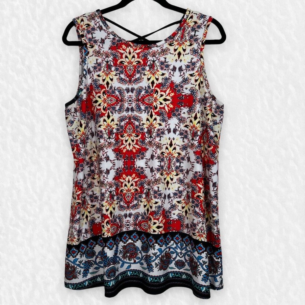 AGB Sleeveless Tunic Lace-Up Detail Bright Red, Blue, Yellow Print USA Size XL